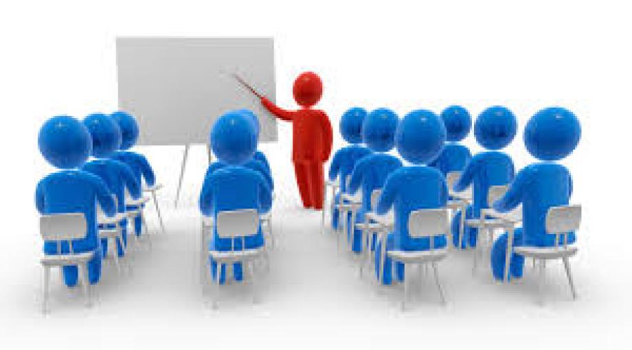 Graphic of instructor teaching class. The instructor is a red figure while all the students are blue sitting in chairs.