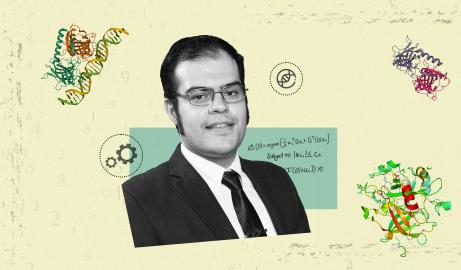 A collage graphic featuring a headshot of Assistant Professor Alireza Mohammadi surrounded by complex ribbon shaped proteins and numerical algorithms. 