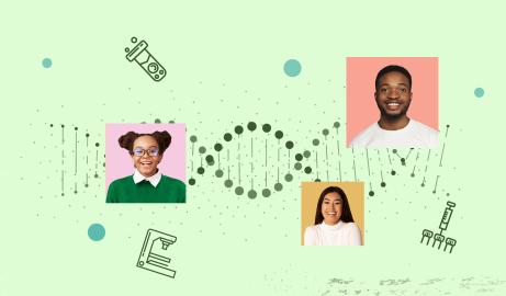 A collage graphic showing young people of different ethnicities, surrounded by symbols representing DNA