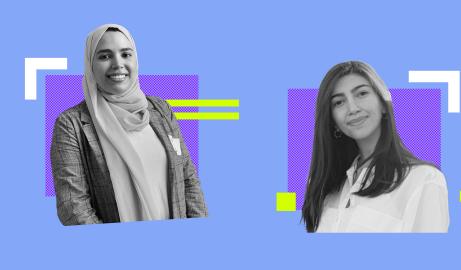 A colorful graphic featuring headshots of students Dania Ammar and Nada Lachtar