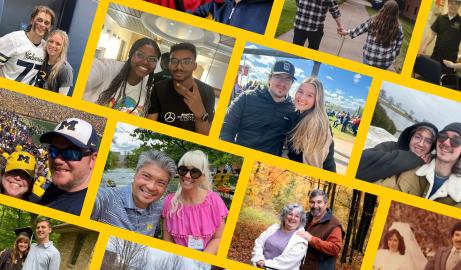 A collage graphic showing a dozen photos of couples who met at UM-Dearborn