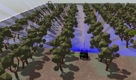 A screenshot of a simulation, featuring an off-road autonomous vehicle moving through an orchard