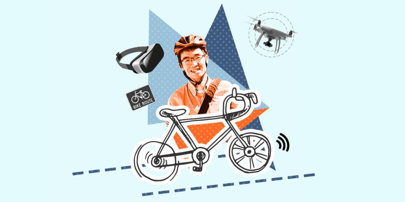 A collage graphic showing Assistant Professor Fred Feng wearing a bike helmet, surrounded by illustrations of a bike, a drone, road signs, and a VR headset.