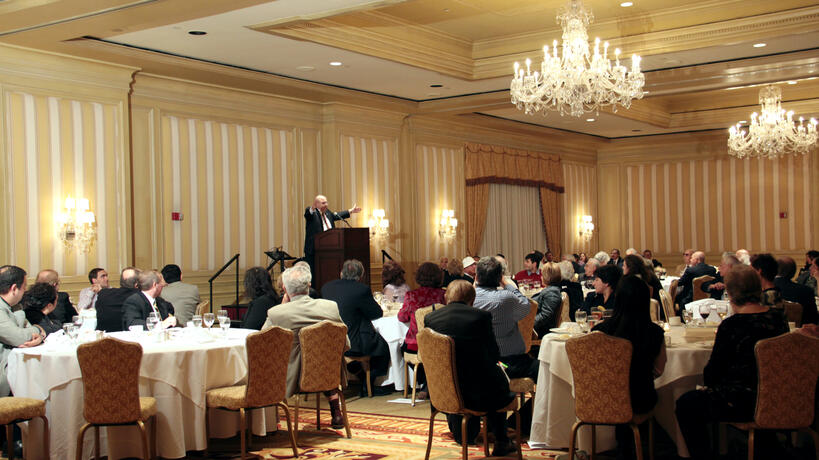 Speaking at a banquet hall