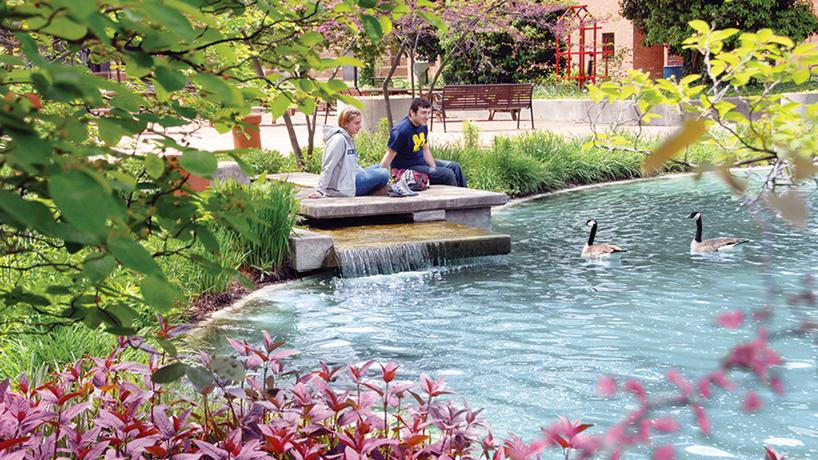 Students seated by the Chancellor's pond.