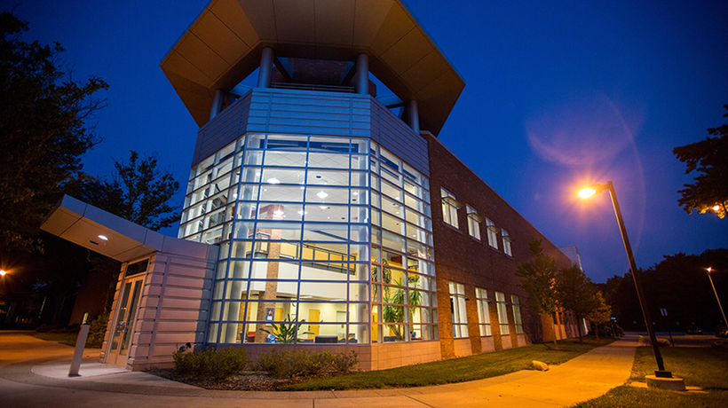 The Science Learning and Research Center (SLRC) at night.