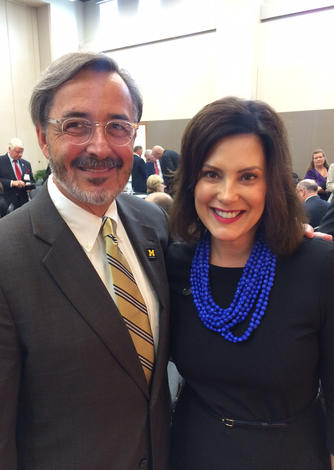 October 8, 2018: Chancellor Grasso meets governor-elect Gretchen Whitmer at the Higher Education Summit for elected and appointed university boards at Oakland University. 