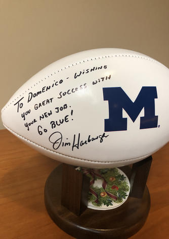 November 15, 2018: U-M football coach Jim Harbaugh sends a gift to Chancellor Grasso. 