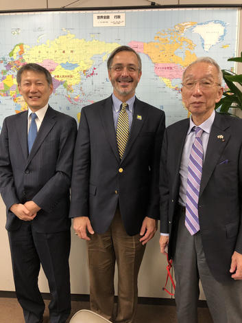 November 26, 2018: Chancellor Grasso meets with Shin Hosaka, Japanese Deputy Commissioner of Natural Resources & Energy (and U-M alum), and Shuzaburo Takeda, president of Takeda and Associates, in Tokyo, Japan.