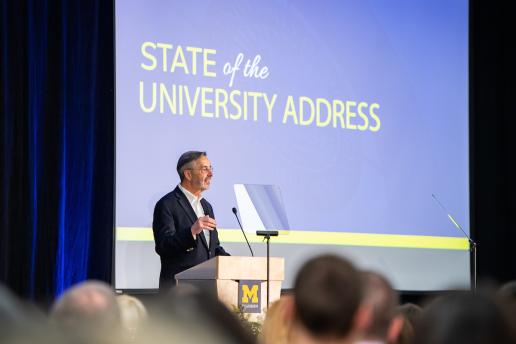 Chancellor Grasso speaking during presentation of State of the University Address
