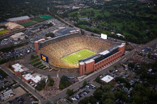 Big House aerial shot of night football game