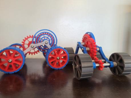 A pull-back wind-up car made by UM-Dearborn students in George Ayoub's IMSE 382 course. The students made STEM toys and donated them to the Dearborn Toy Library.