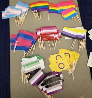 Groups of small flags on toothpicks.