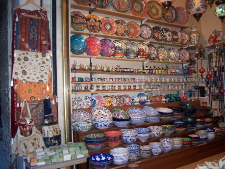 Pottery on display in a market