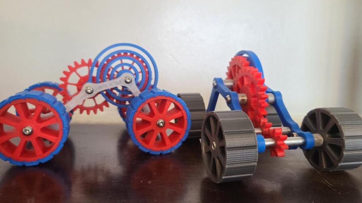 A pull-back wind-up car made by UM-Dearborn students in George Ayoub's IMSE 382 course. The students made STEM toys and donated them to the Dearborn Toy Library.