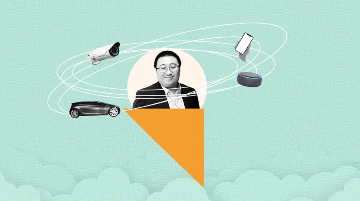 A whimsical collage graphic featuring Assistant Professor Zheng Song, floating above the clouds, encircled by an orbit of IoT devices.