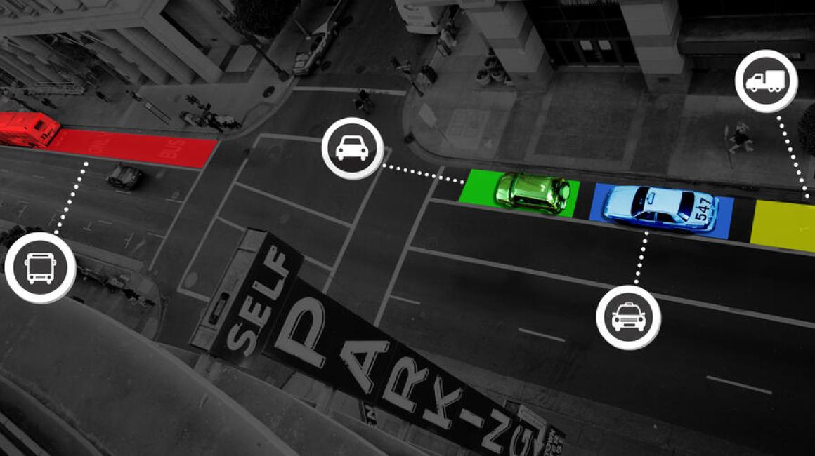 A graphic showing an aerial view of a city street with different colors shading the curbside environment, representing different kinds of uses.