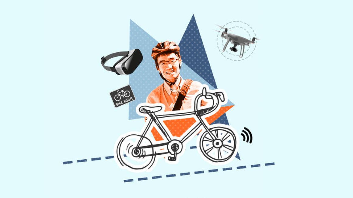 A collage graphic showing Assistant Professor Fred Feng wearing a bike helmet, surrounded by illustrations of a bike, a drone, road signs, and a VR headset.