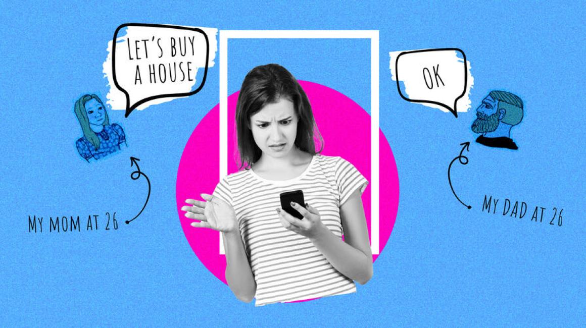 A young woman looks at her phone with a confused look on her face, while illustrations of her parents loom in the background with speech bubbles indicating how their life was easier at her age.