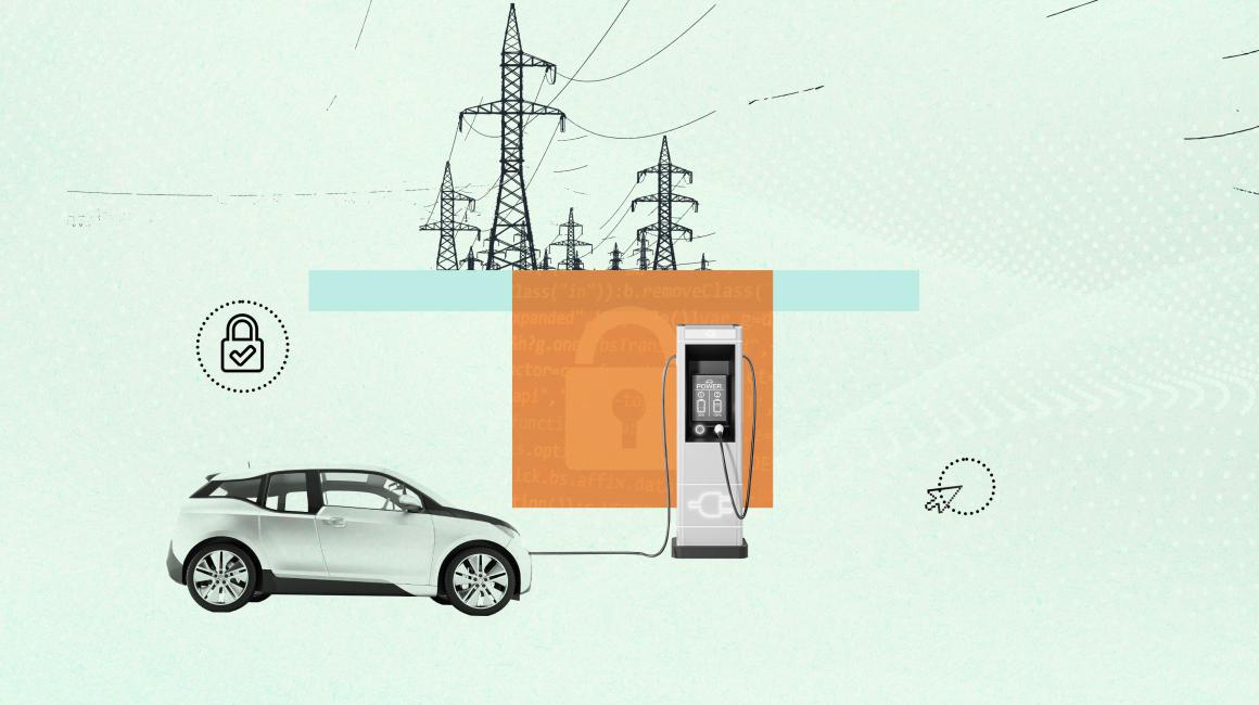 A collage graphic showing an electric vehicle connected to an EV charger, with transmission lines in the background, flanked by cybersecurity icons.