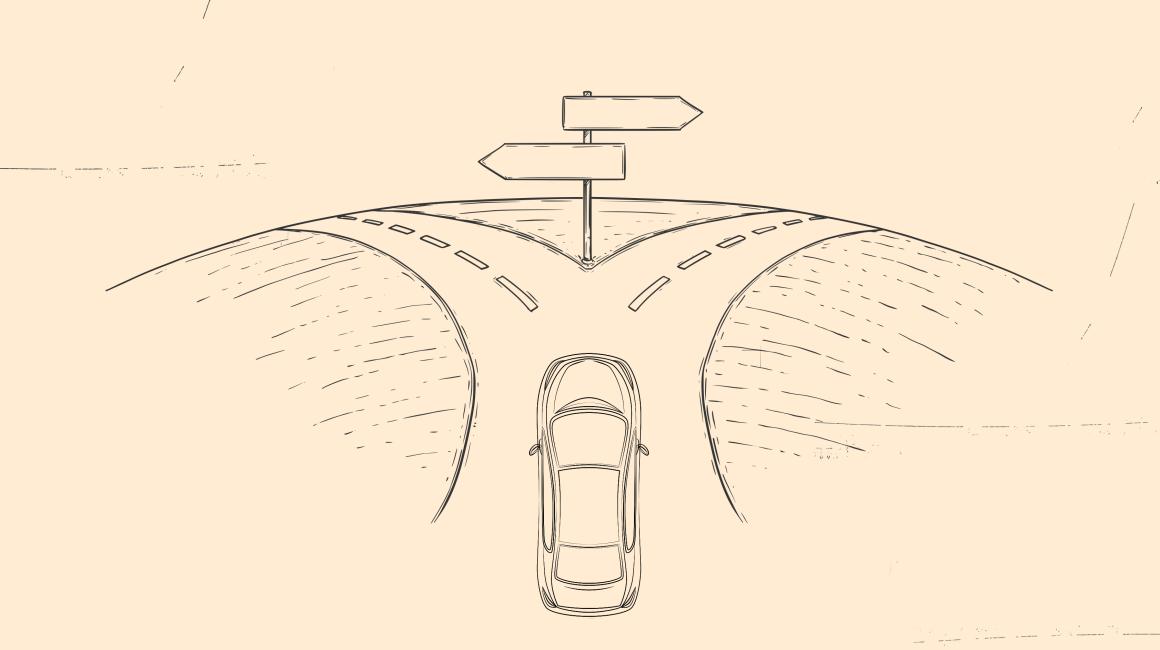 A sketch of a car approaching a fork in the road