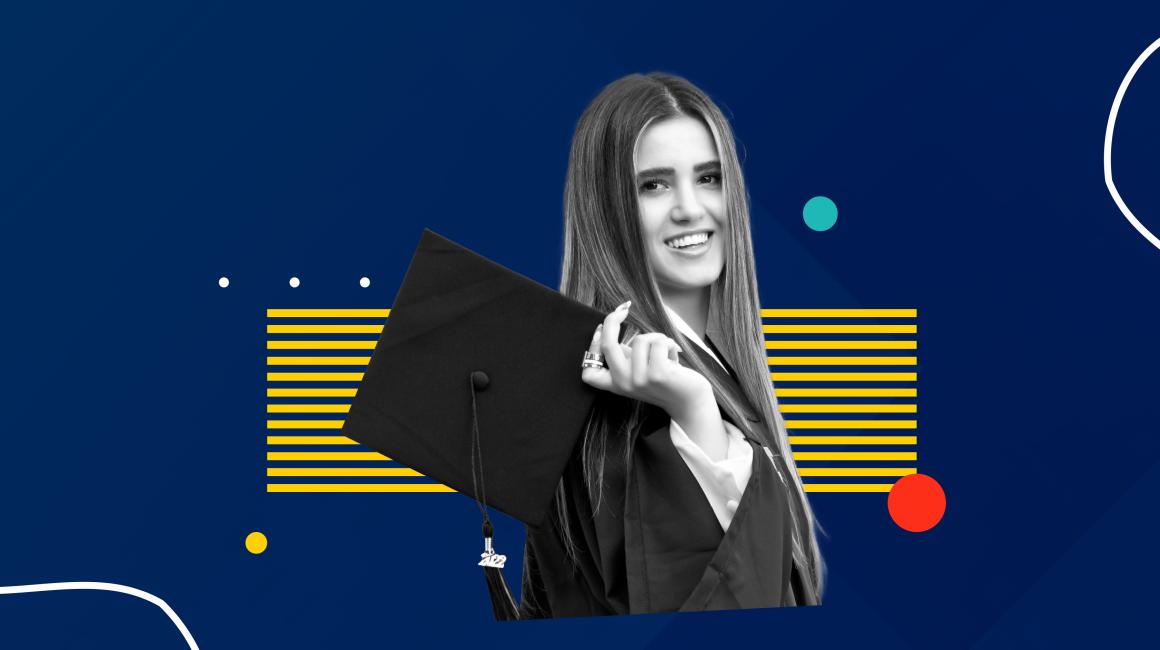 A collage graphic featuring a headshot of student Klea Hoxhallari wearing a cap and gown