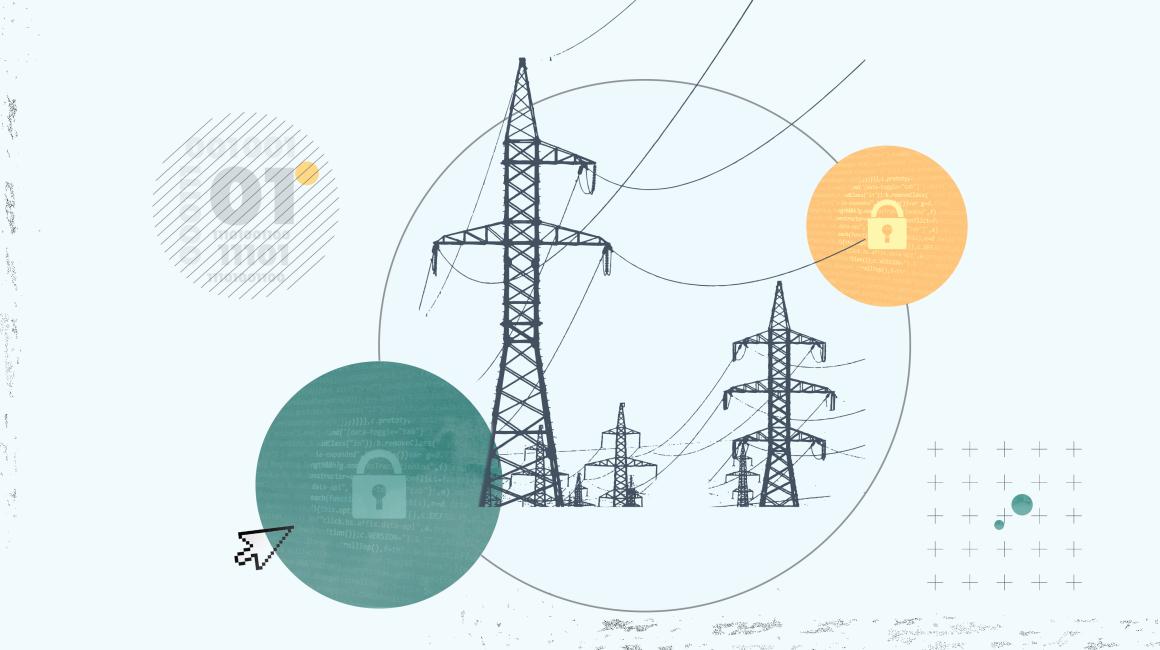 A collage graphic featuring transmission lines and towers, surrounded by lock iconography representing cybersecurity.