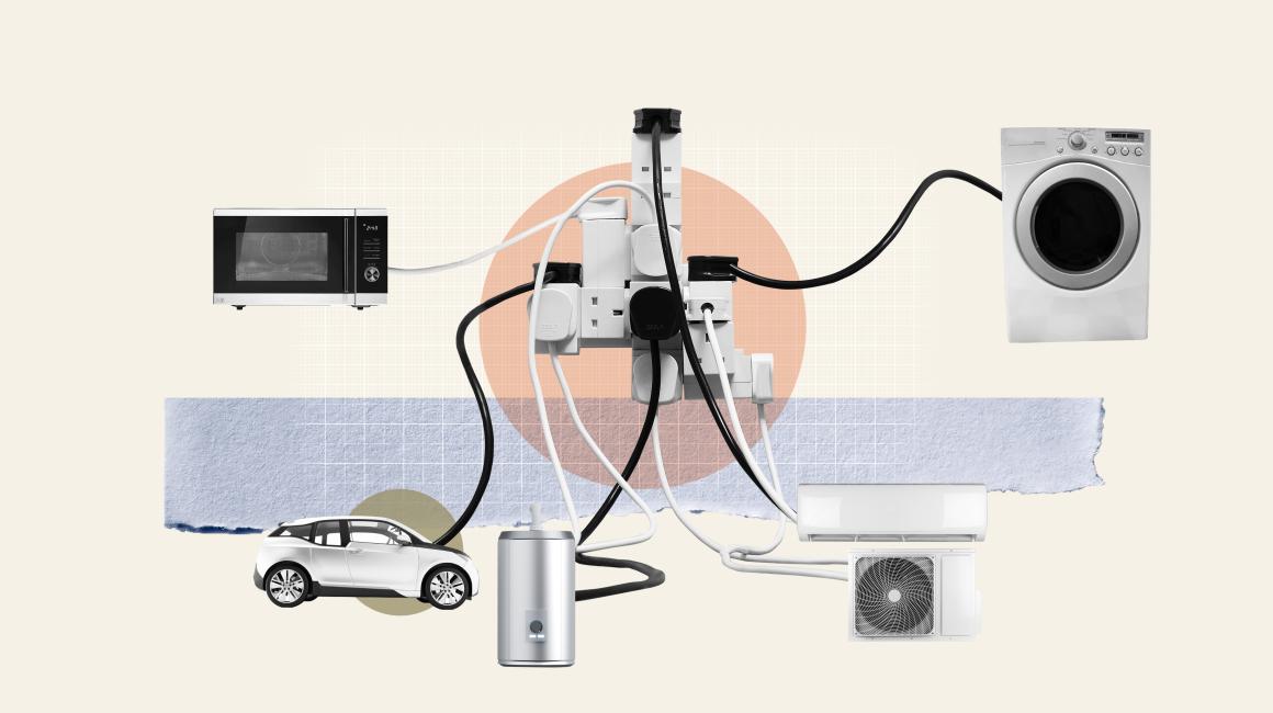 A collage graphic showing an overloaded electrical outlet supplying power to an electric vehicle, clothes dryer, microwave, heat pump and hot water heater.