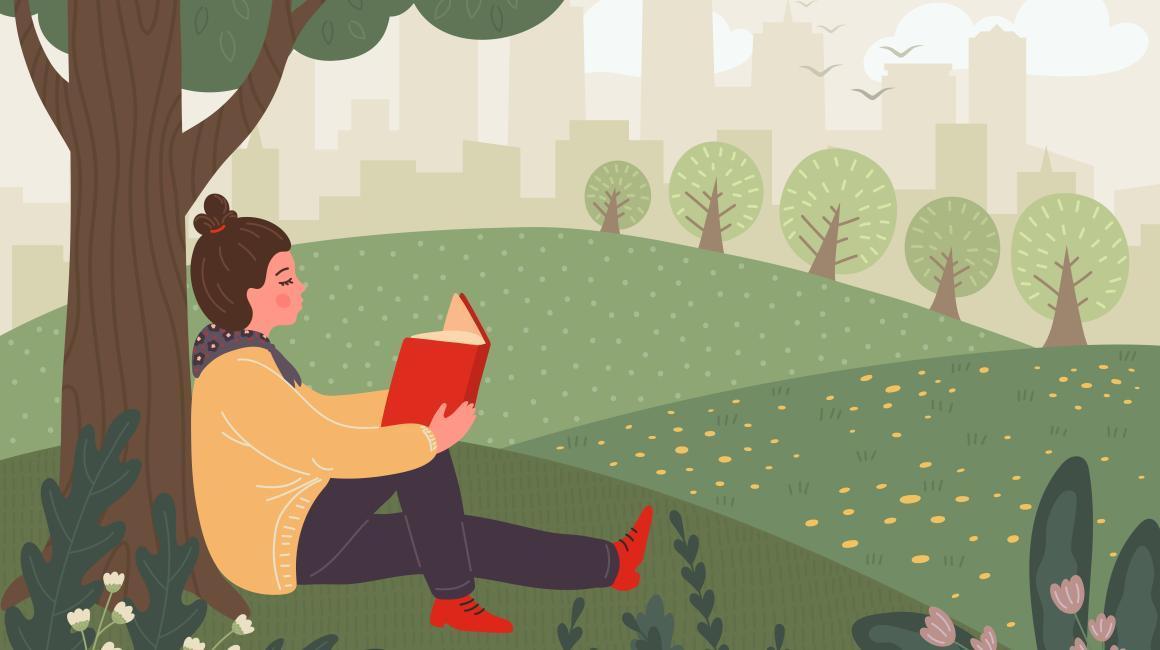 An illustration of a relaxed student sitting under a tree, reading a book, on a spring day.