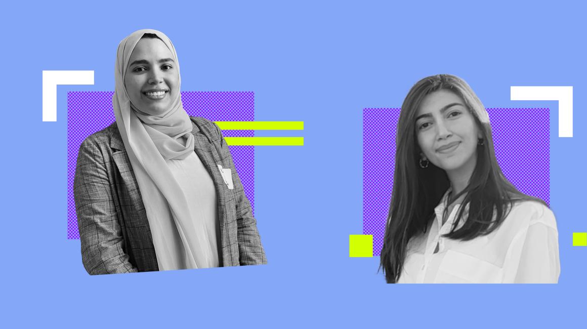 A colorful graphic featuring headshots of students Dania Ammar and Nada Lachtar