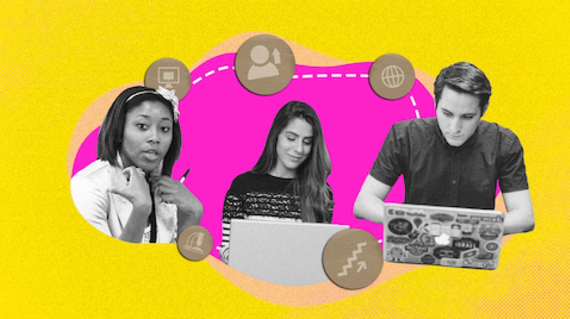  A collage graphic featuring three students working laptops 