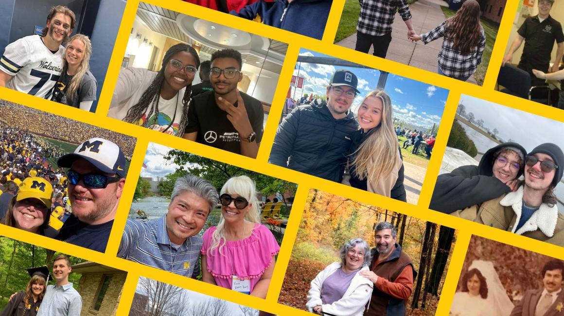A collage graphic showing a dozen photos of couples who met at UM-Dearborn