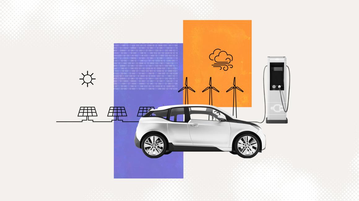 A colorful collage graphic featuring an EV, EV charger, wind turbines and solar panels