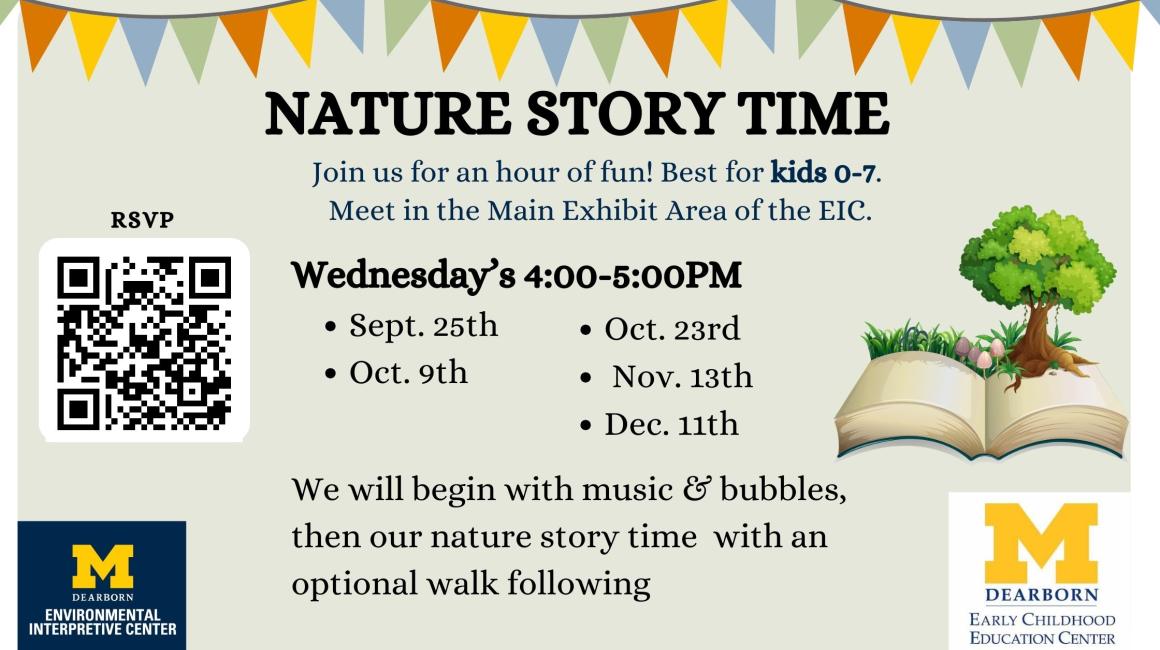 Nature storytime flyer, flag banner at top, describes details found on website