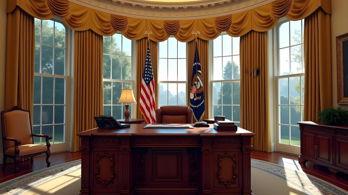 Ornate desk with large windows behind it and flags on either side