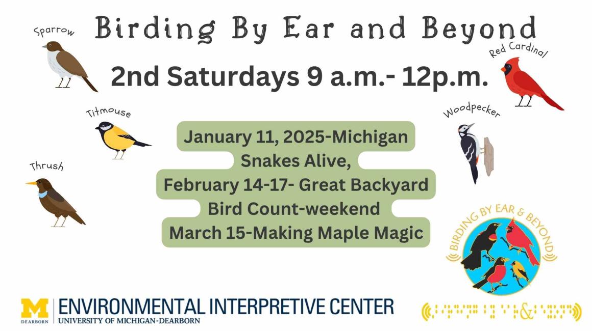 Birding by Ear background with sparrow, cardinal and other birds surrounds text with upcoming 2025 dates. Second saturday of the month January 11, Feb 14-17 and March 15th