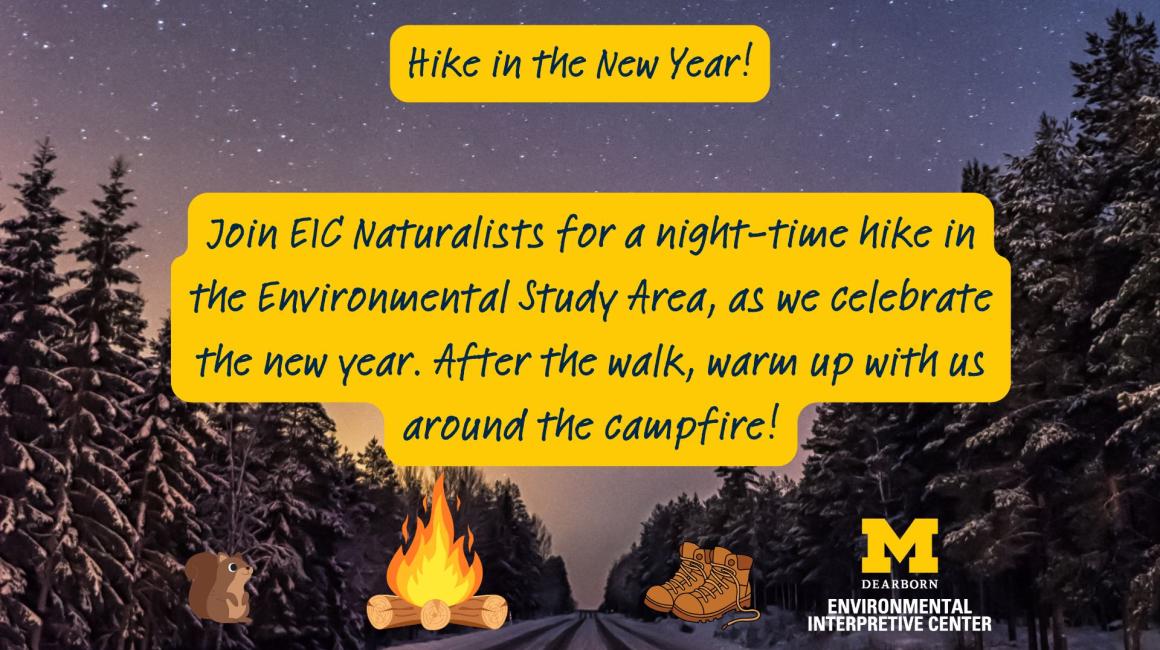 Night-time forest background with pine trees and snow. There are cartoon images of a pair of hiking boots and a campfire. The text advertises an evening hike at the Environmental Interpretive Center.