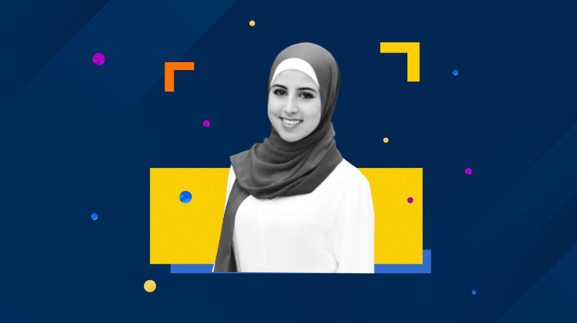A maize-and-blue theme with the focus on a B&W headshot of Bayan Yehya smiling. She is a young Middle-Eastern woman with dark eyebrows and brown eyes. She is wearing a white long sleeve blouse with a draped chiffon hijab.