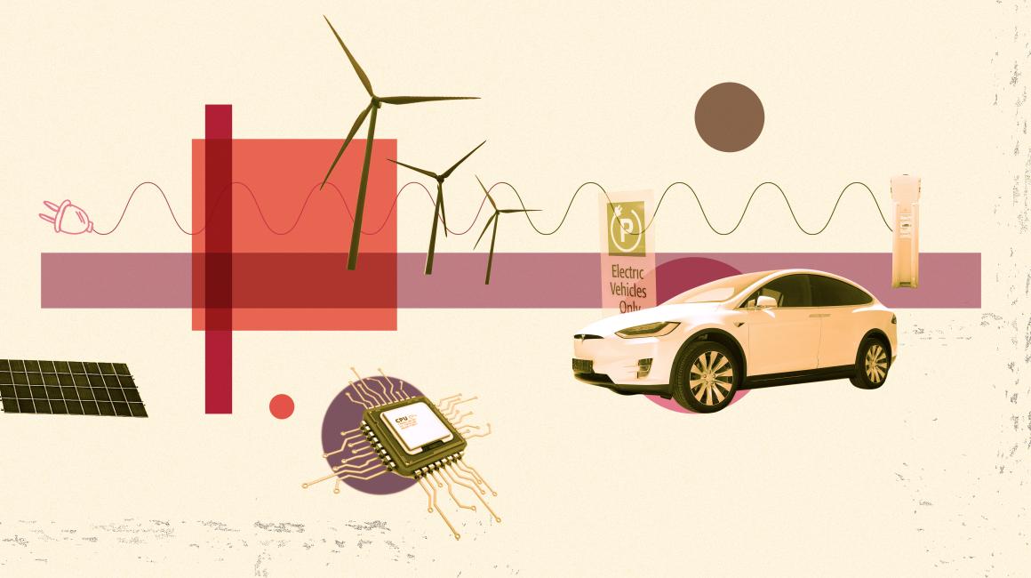 A collage graphic representing electrical and computer engineering, featuring electric cars, solar panels, charging stations, microchips, and wind turbines.