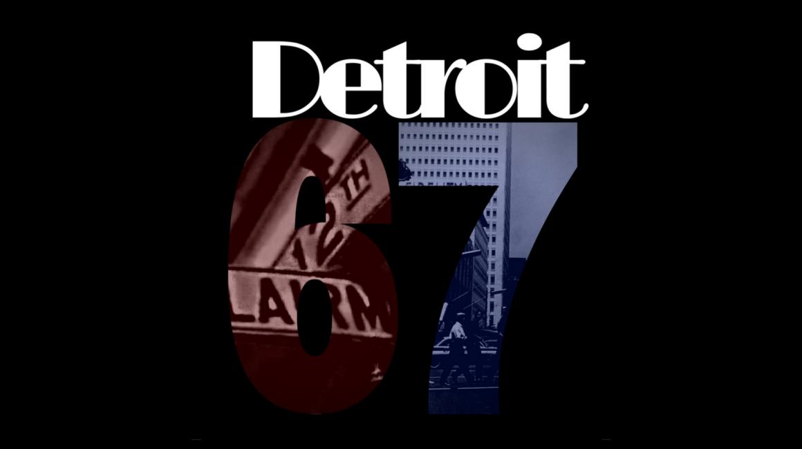 A graphic entitled Detroit with the outline of 67. Within the 67 are street signs and people walking on the street with a tall building in the background.