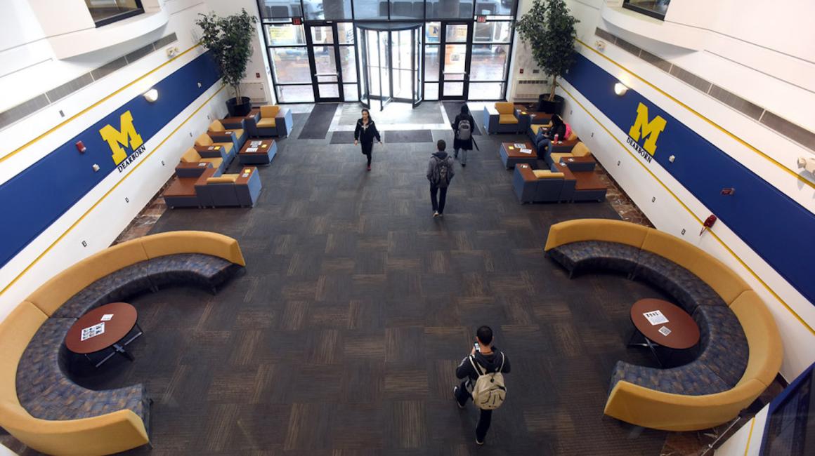 An aerial view of the lounge inside of the UM-Dearborn Business Campus (Fairlane)