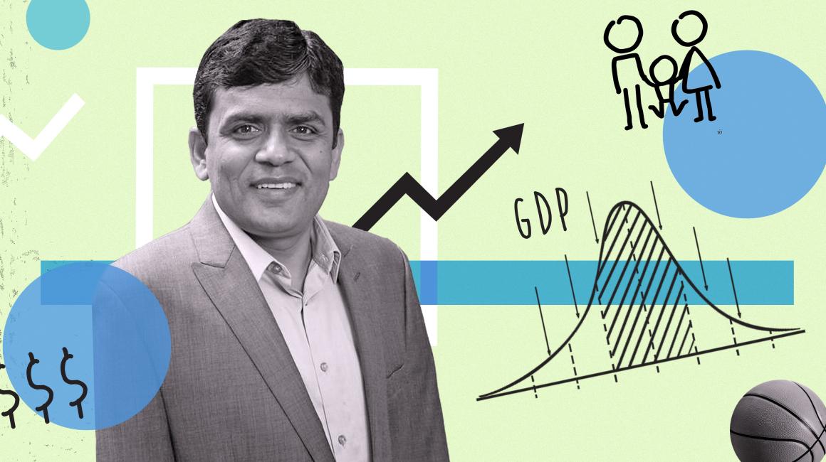  A colorful graphic featuring a headshot of statistics professor Keshav Pokhrel surrounded by charts, arrows, stick figure drawings and other statistics icons. 