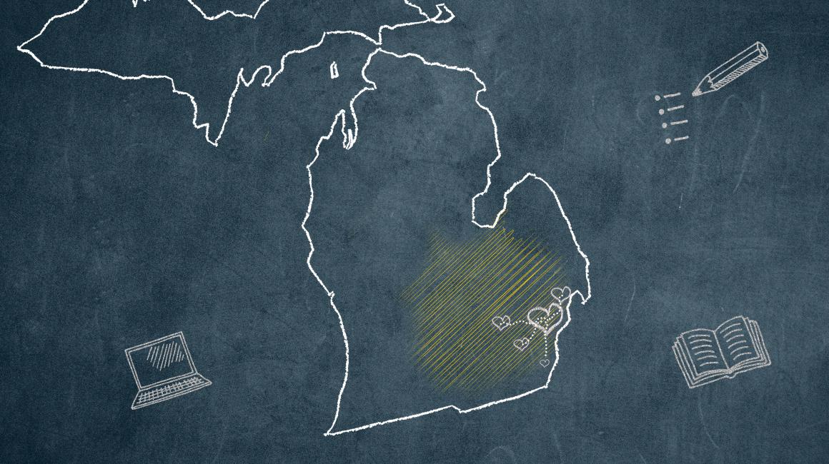 A navy blue graphic with a white outline of the state of Michigan. There is a heart drawn over where the Metro Detroit area would be located with a series of dotted lines extending outward to other hearts, representing other cities. Around the outline of the state, there is a drawing of a laptop, a book, and a pencil next to a set of bulleted lists.