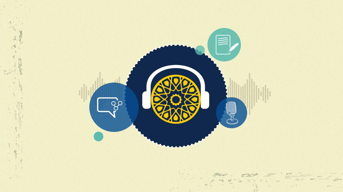 A graphic representing podcasts, with iconography like microphones, headphones and a speech bubble.