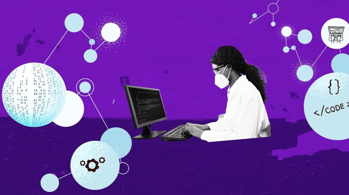 A collage graphic featuring an African American woman scientist in a lab coat, coding at a laptop.