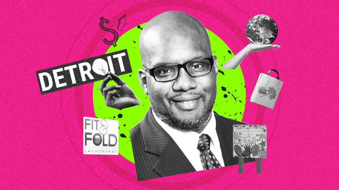 A bright-magenta graphic with black-and-white photos, representing Detroit and the environment, collaged around Professor Marcus Harris. Marcus is a middle-aged, bald Black man with a salt-and-pepper beard and a pair of black, rectangular glasses.