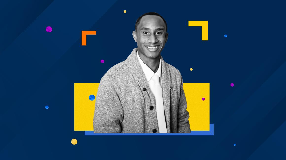  A graphic with a maize and blue background featuring a black-and-white headshot of student Solomon Dudley 