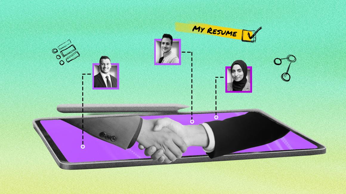 A graphic with two shaking hands on a device with a purple background. There are small black-and-white headshots of three students, each in a purple-bordered square: Faris Ajluni, a young Arab man; Jacob Agemy, another young Arab man; and Douaa Al-Jebori, a young Arab woman with a hijab.