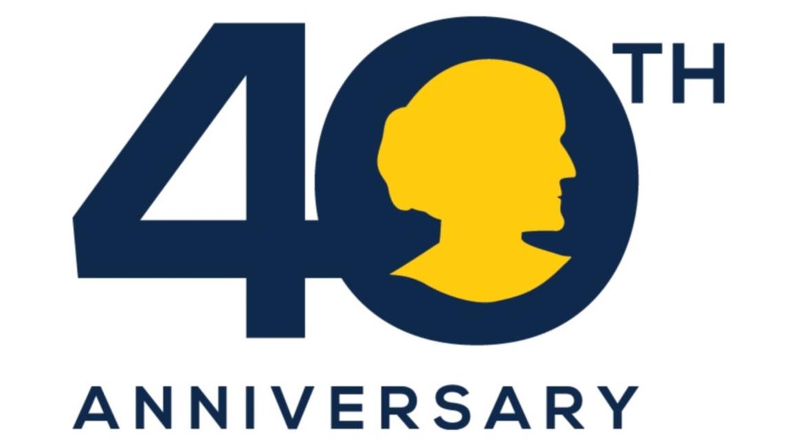 The logo for the 40th Susan B. Anthony Campus and Community Awards. “40th” is written in bold, navy lettering with a maize silhouette of Susan B. Anthony. Underneath this, “Anniversary” is written.