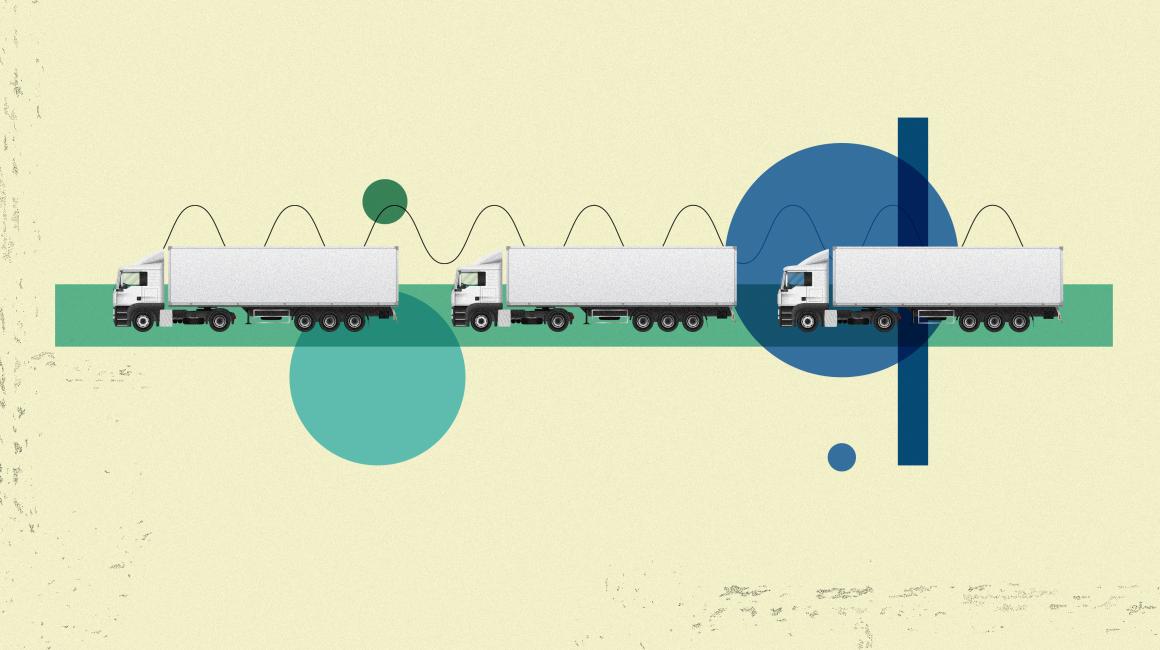  A graphic showing a platoon of three semi trucks connected with wavy lines symbolizing their wireless connectivity. 